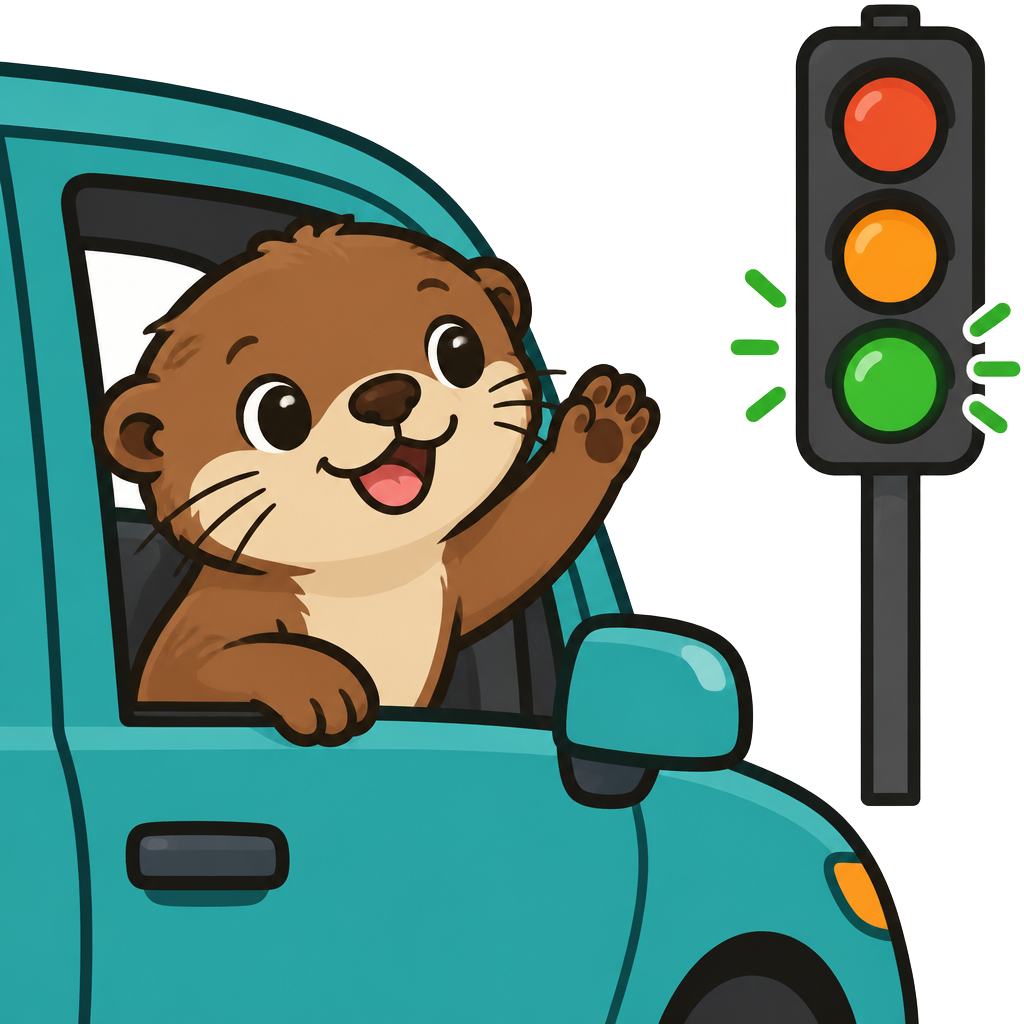 Degen the Otter waving from a car window at a traffic light